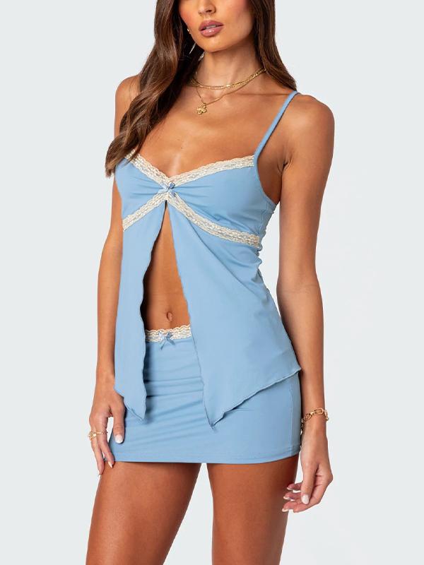 Lace Splice Slit Cami Top & Low Rise Mini Skirt Set Product Image