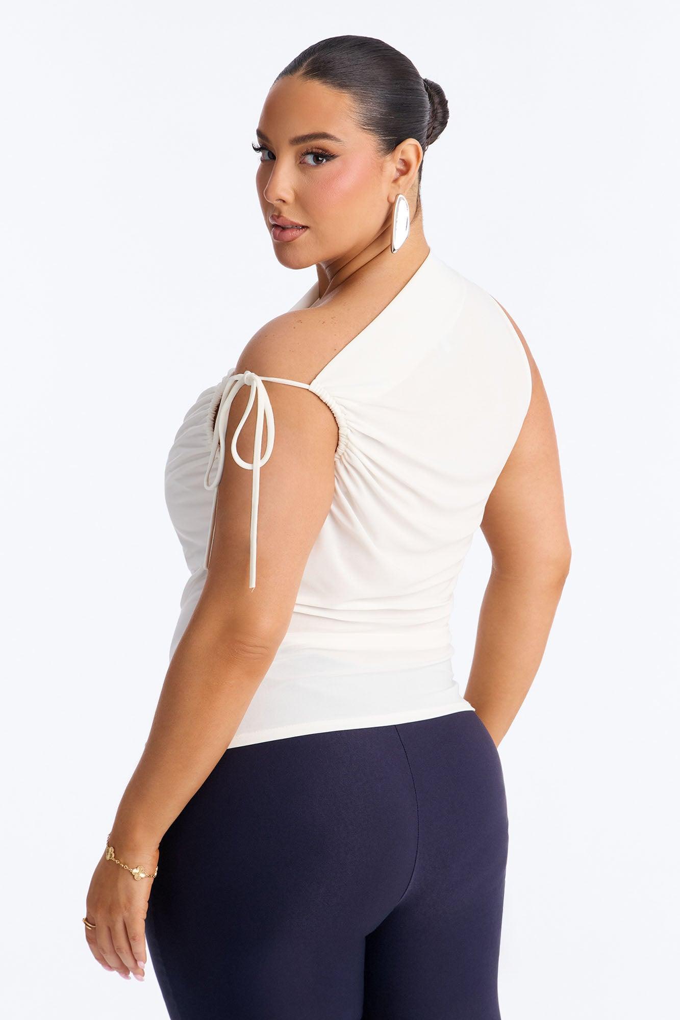 Benny One Shoulder Ruched Tie Strap Top - White Female Product Image