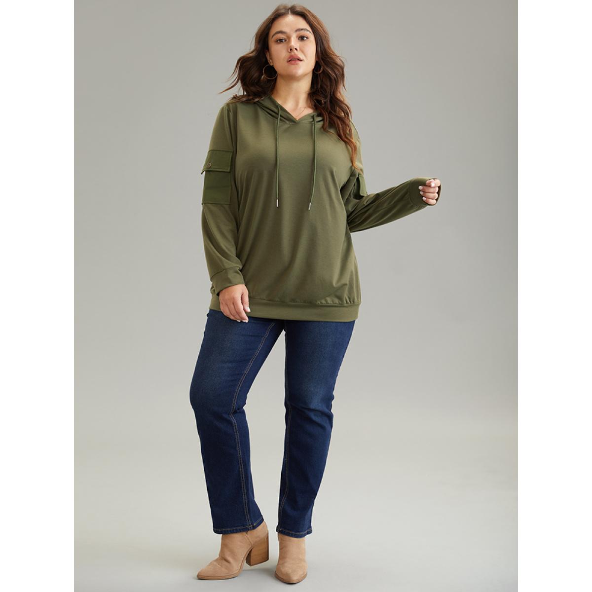 Plus Size Solid Flap Pocket Hooded Drawstring Sweatshirt Women ArmyGreen Casual Plain Hooded Dailywear Sweatshirts BloomChic 28/5X Product Image