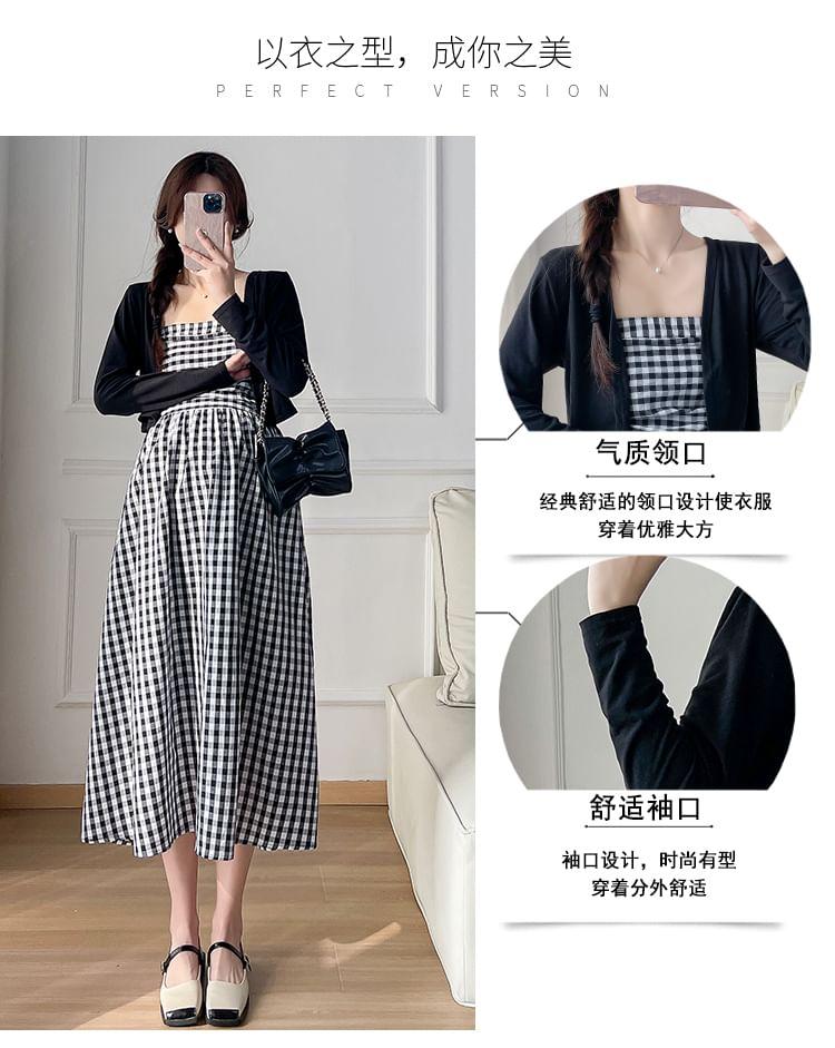 Maternity Strapless Plaid Midi A-Line Dress / Plain Cardigan / Set Product Image