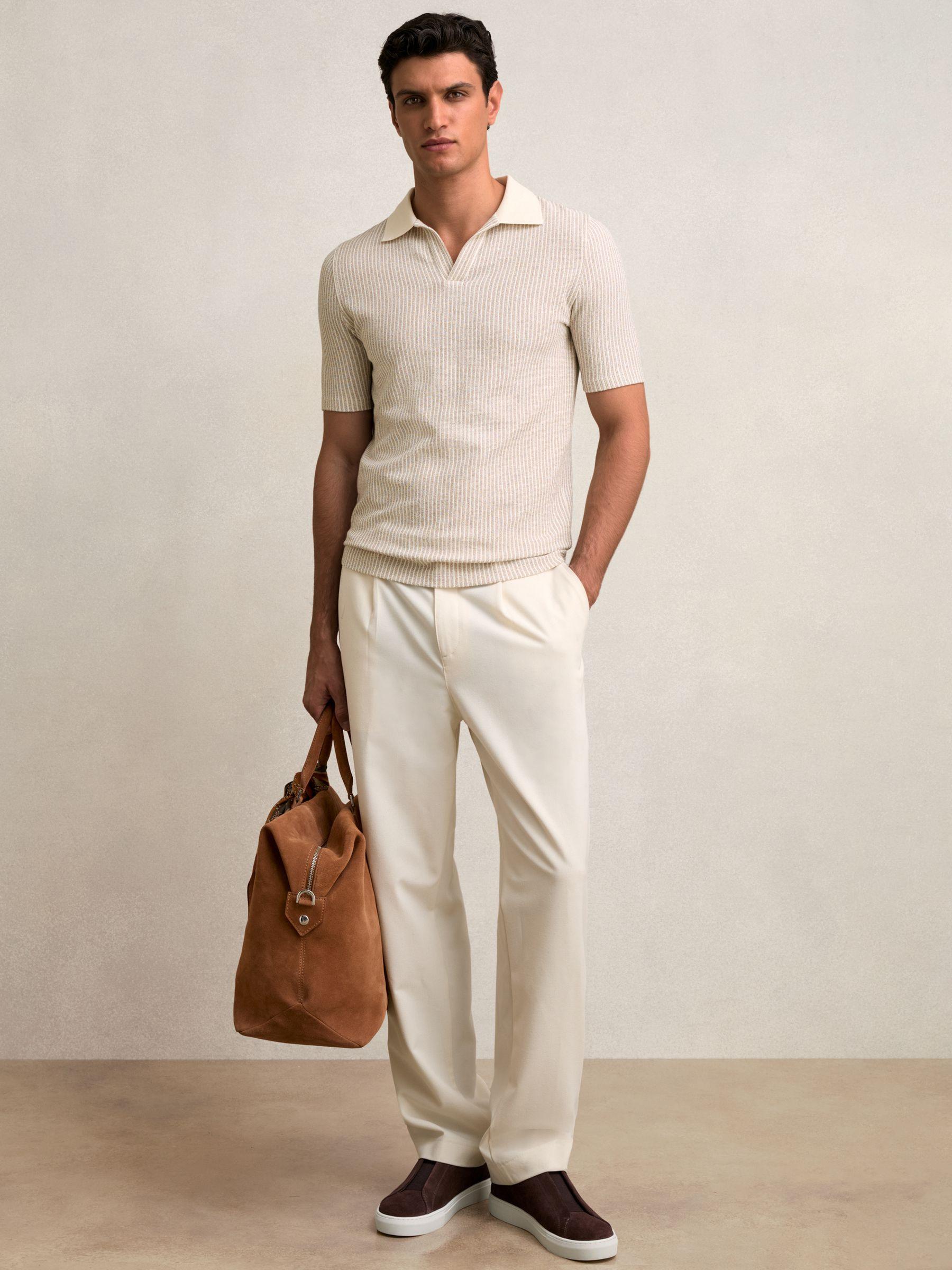 Cotton-Blend Stripe Polo Shirt in Ecru/Taupe Brown Product Image