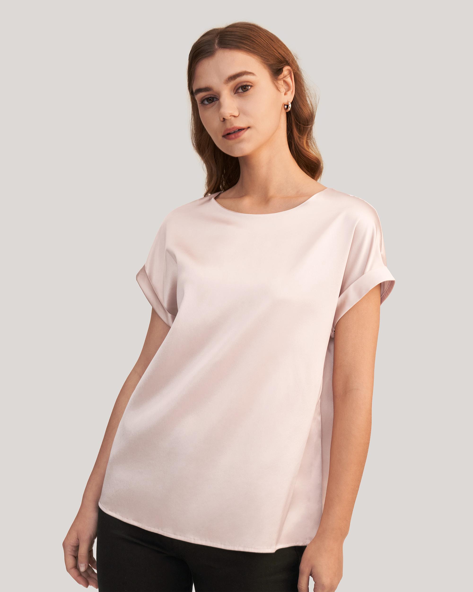 LILYSILK Women Silk Tee Shirts Black Quality Stretchy Silk Soft Classic Round Neck Rolled Cuffs Silk Top XS Product Image