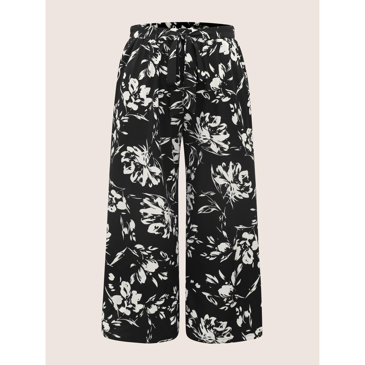 Plus Size Silhouette Floral Print Tie Knot Wide Leg Pants Women Black Casual Wide Leg Mid Rise Everyday Pants BloomChic 14-16/1X Product Image