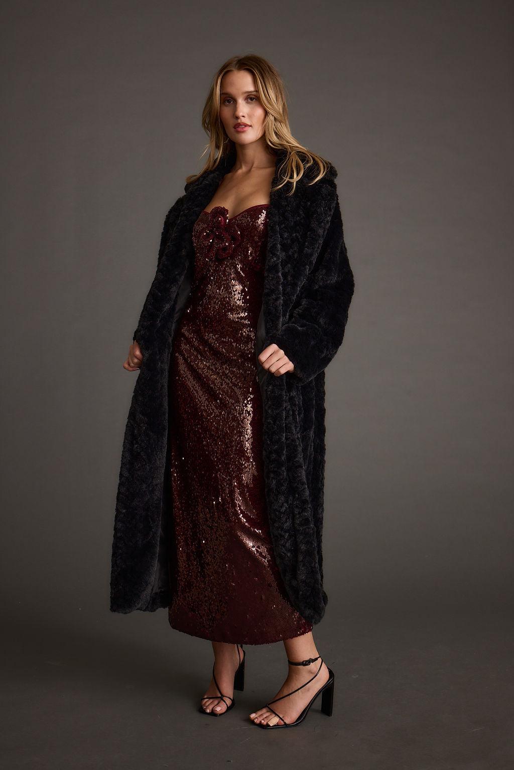 All For You Merlot Sequin Rosette Midi Dress Product Image