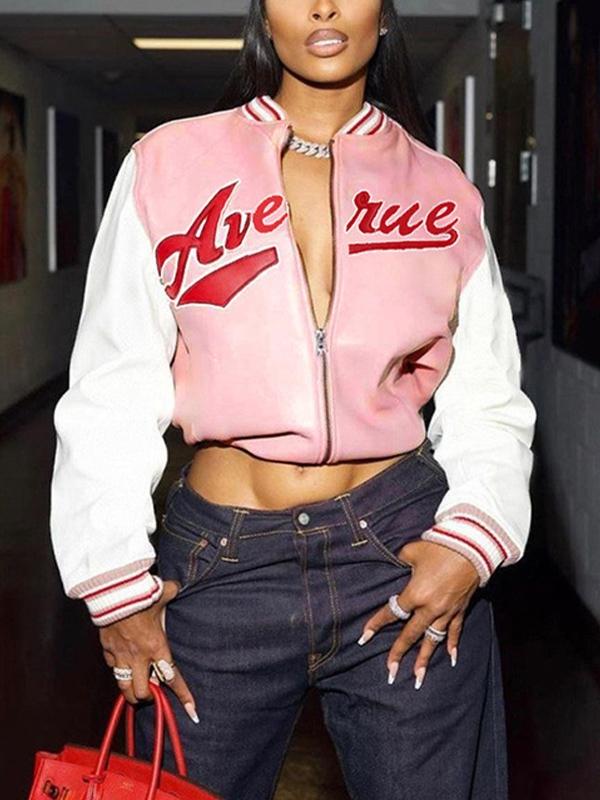 Letter Print Splice Short Leather Varsity Jacket Product Image