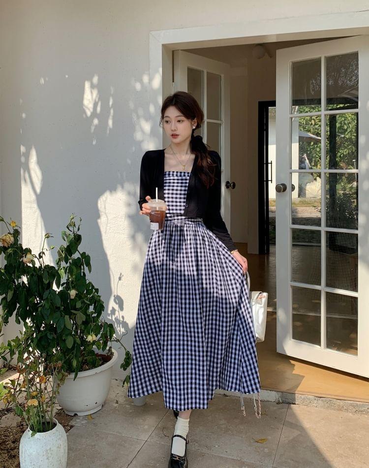 Maternity Open Front Plain Cardigan / Spaghetti Strap Plaid Midi A-Line Dress Product Image