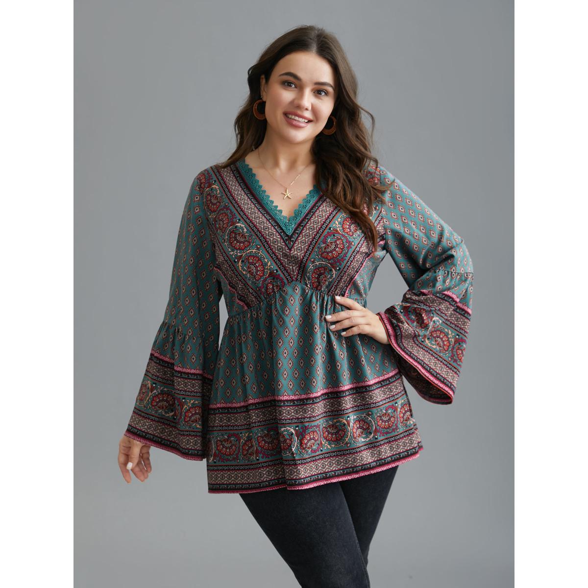 Plus Size DarkSlateGray Boho Print Lace Trim V-Neck Ruffle Sleeve Blouse Women Resort Long Sleeve V-neck Vacation Blouses BloomChic 28/5X Product Image