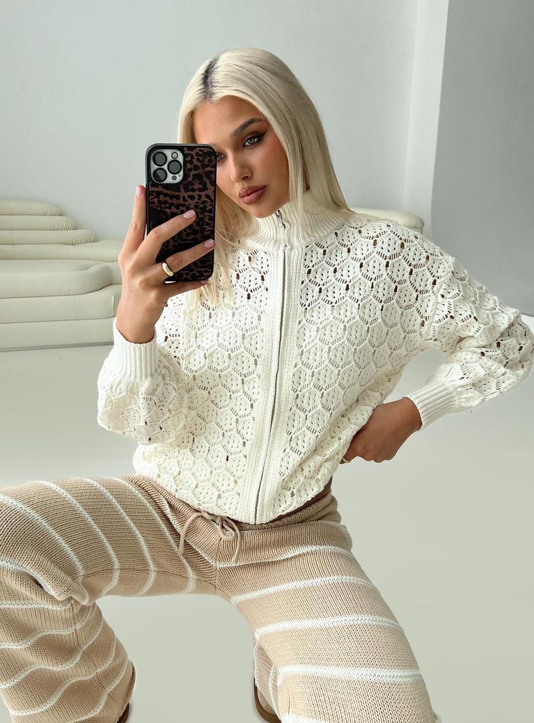 Sirena Zip Through Knit Sweater Cream Product Image