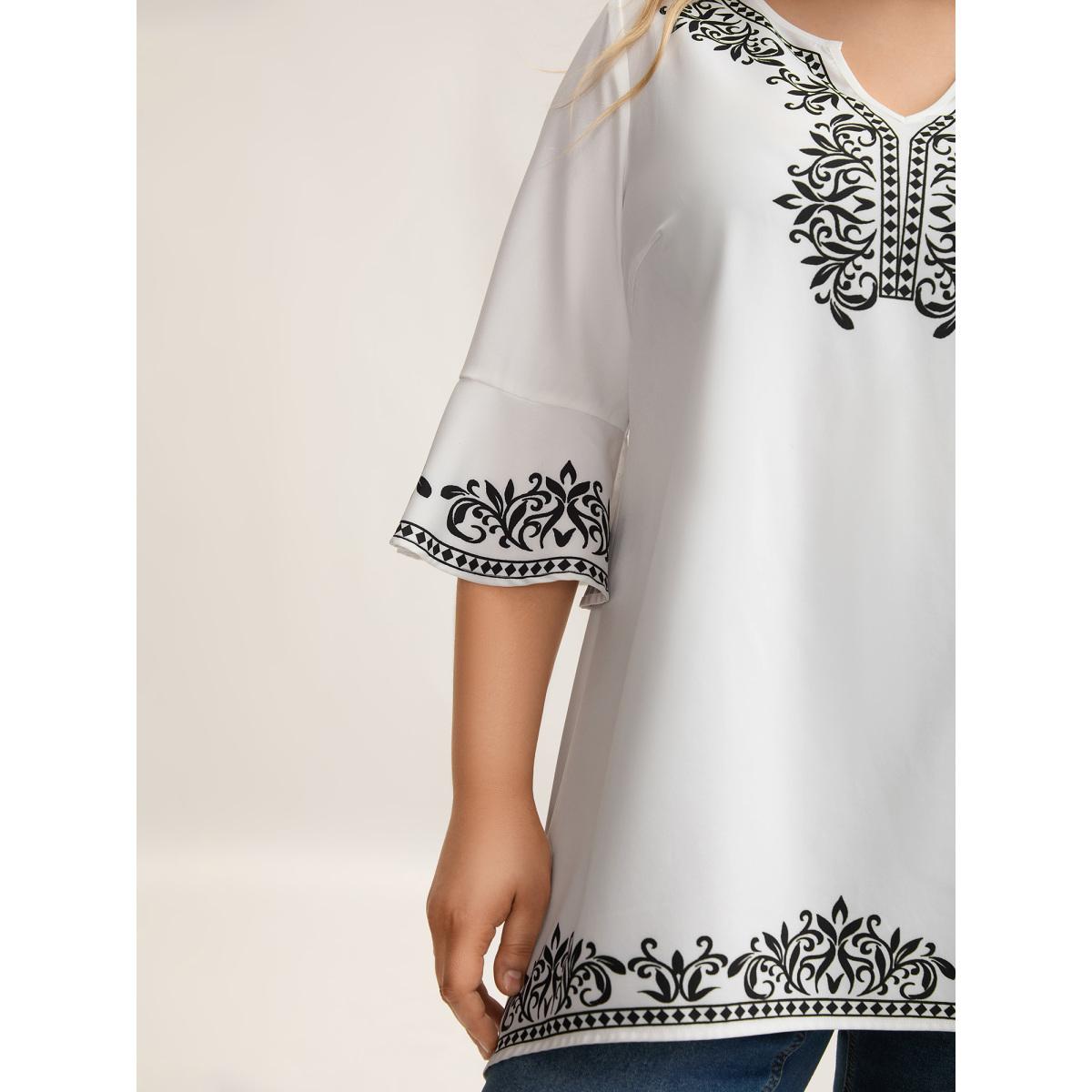 Plus Size Originalwhite Boho Print Split Neck Relaxed Fit Blouse Women Resort Elbow-length sleeve Notched collar Vacation Blouses BloomChic 22-24/3X Product Image