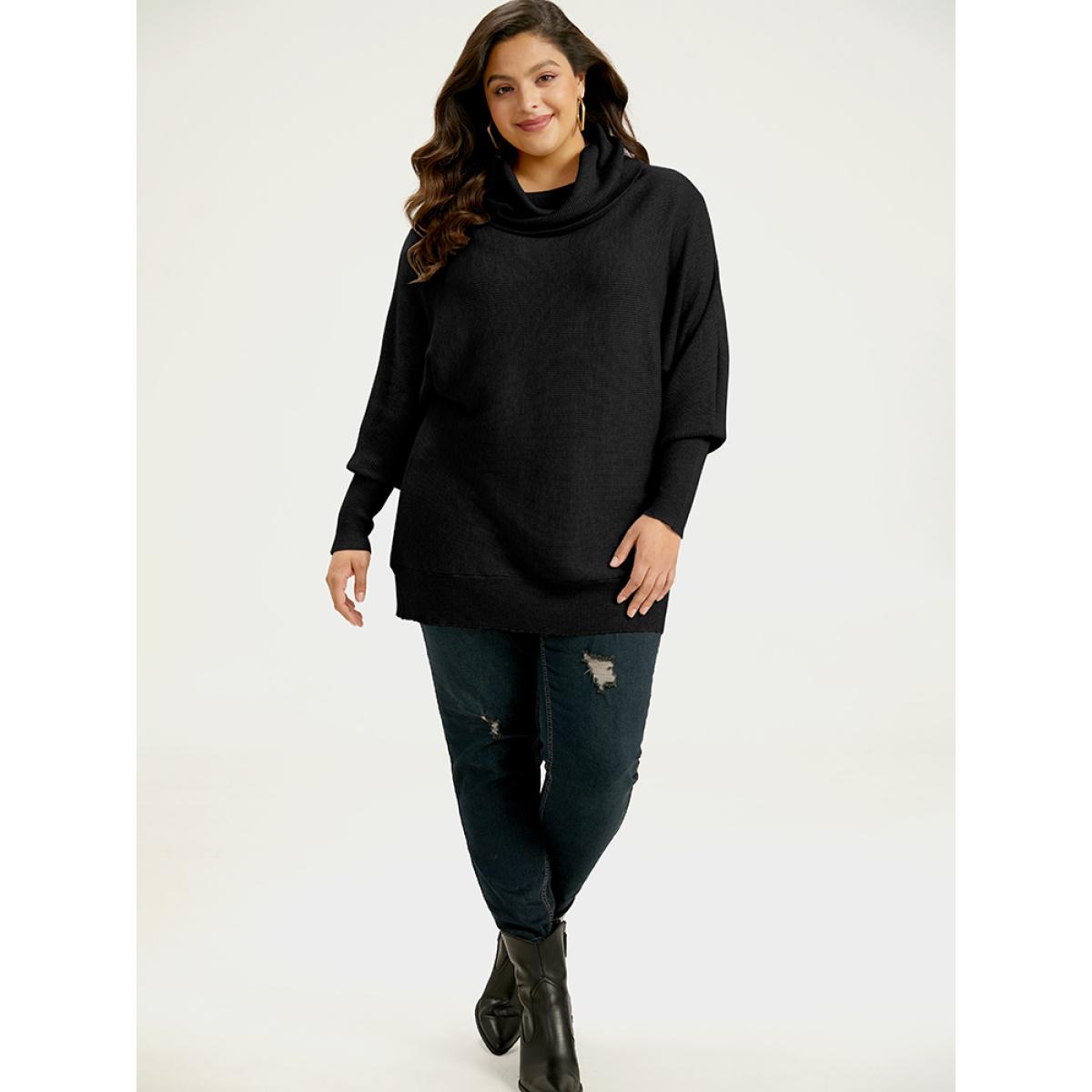 Plus Size Supersoft Essentials Lapel Collar Batwing Sleeve Pullover Black Women Casual Loose Long Sleeve Lapel Collar Dailywear Pullovers BloomChic 18-20/2X Product Image