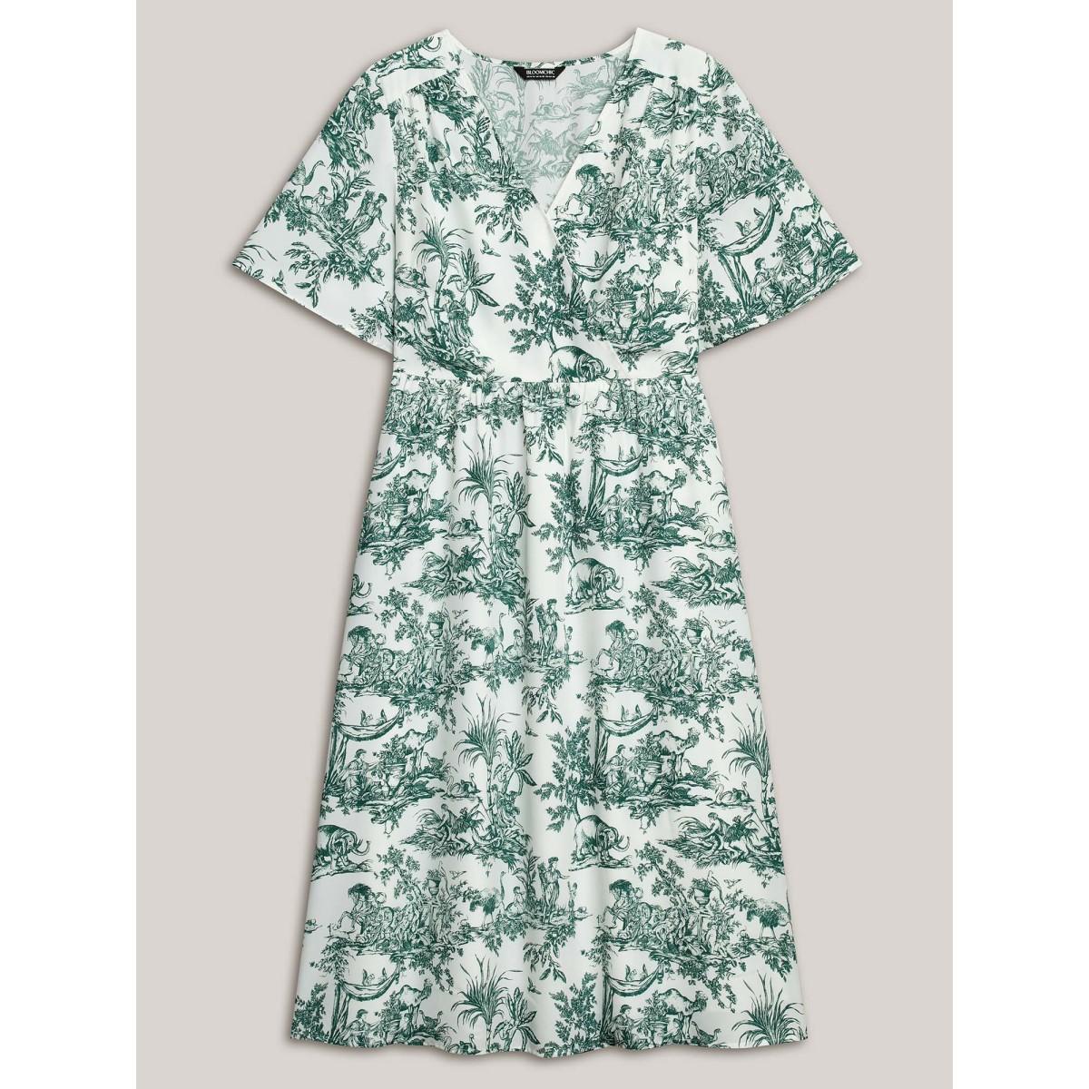 Plus Size Forest Print Waist-Cinched Surplice Neck Dress Emerald Women Elegant Non Overlap Collar Half Sleeve Curvy BloomChic 10/M Product Image