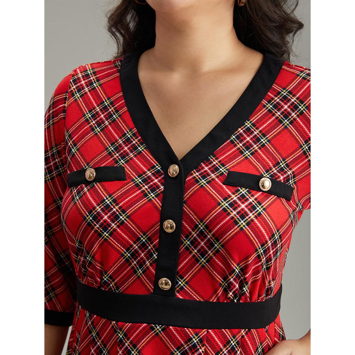 Plus Size Plaid Contrast Trim Pocket Button Detail Dress Raspberry Women Casual Printed V-neck Elbow-length sleeve Curvy Midi Dress BloomChic 10/M Product Image