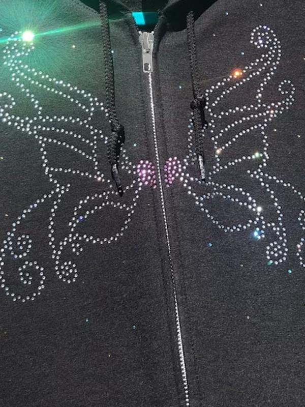 Vintage Butterfly Rhinestone Zip Up Oversized Hoodie Product Image