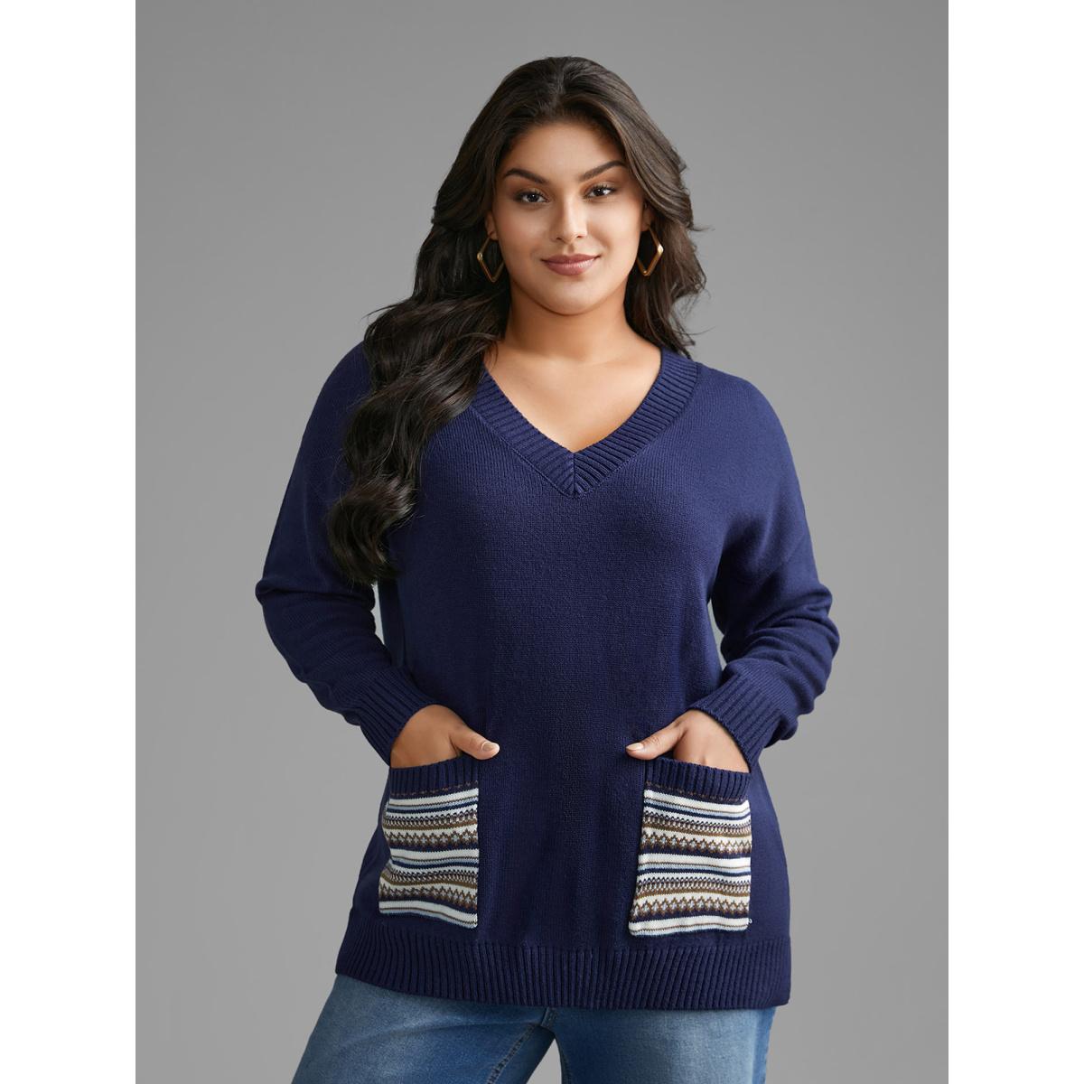 Plus Size Striped Jacquard Patched Pocket Pullover Indigo Women Casual Loose Long Sleeve V-neck Everyday Pullovers BloomChic 12/L Product Image