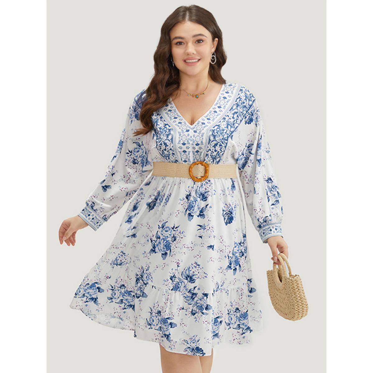 Plus Size Floral Print Lantern Sleeve Pocket Ruffle Dress Stone Women Vacation Printed V-neck Long Sleeve Curvy Midi Dress BloomChic 30/6X Product Image