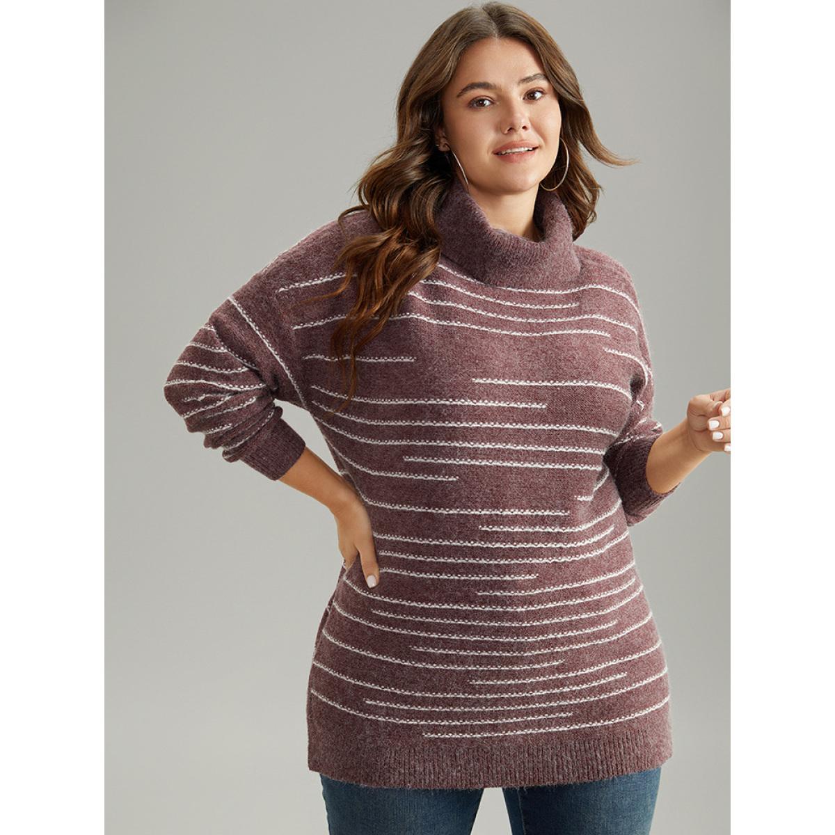 Plus Size Striped Heather Turtleneck Split Hem Pullover Burgundy Women Casual Loose Long Sleeve Turtleneck Everyday Pullovers BloomChic 12/L Product Image