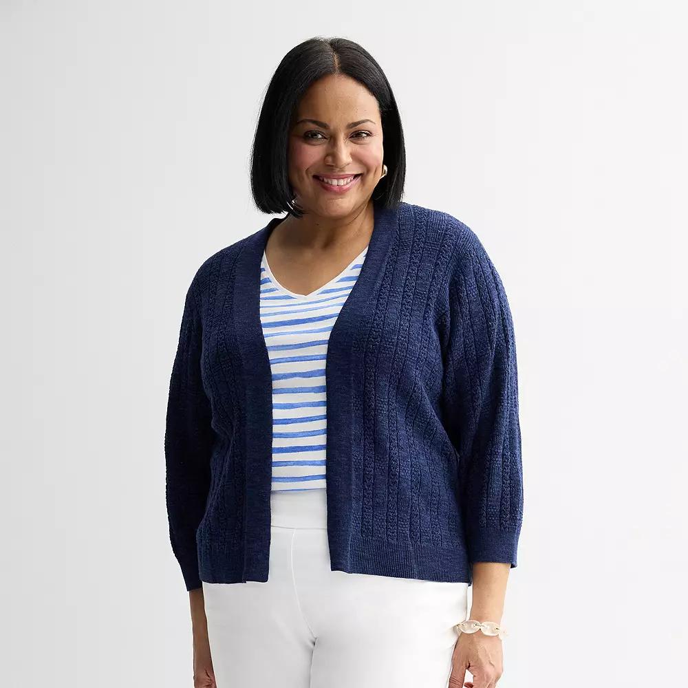 Plus Size Croft & Barrow Pointelle Basket Open Front Cardigan, Womens Blue Product Image