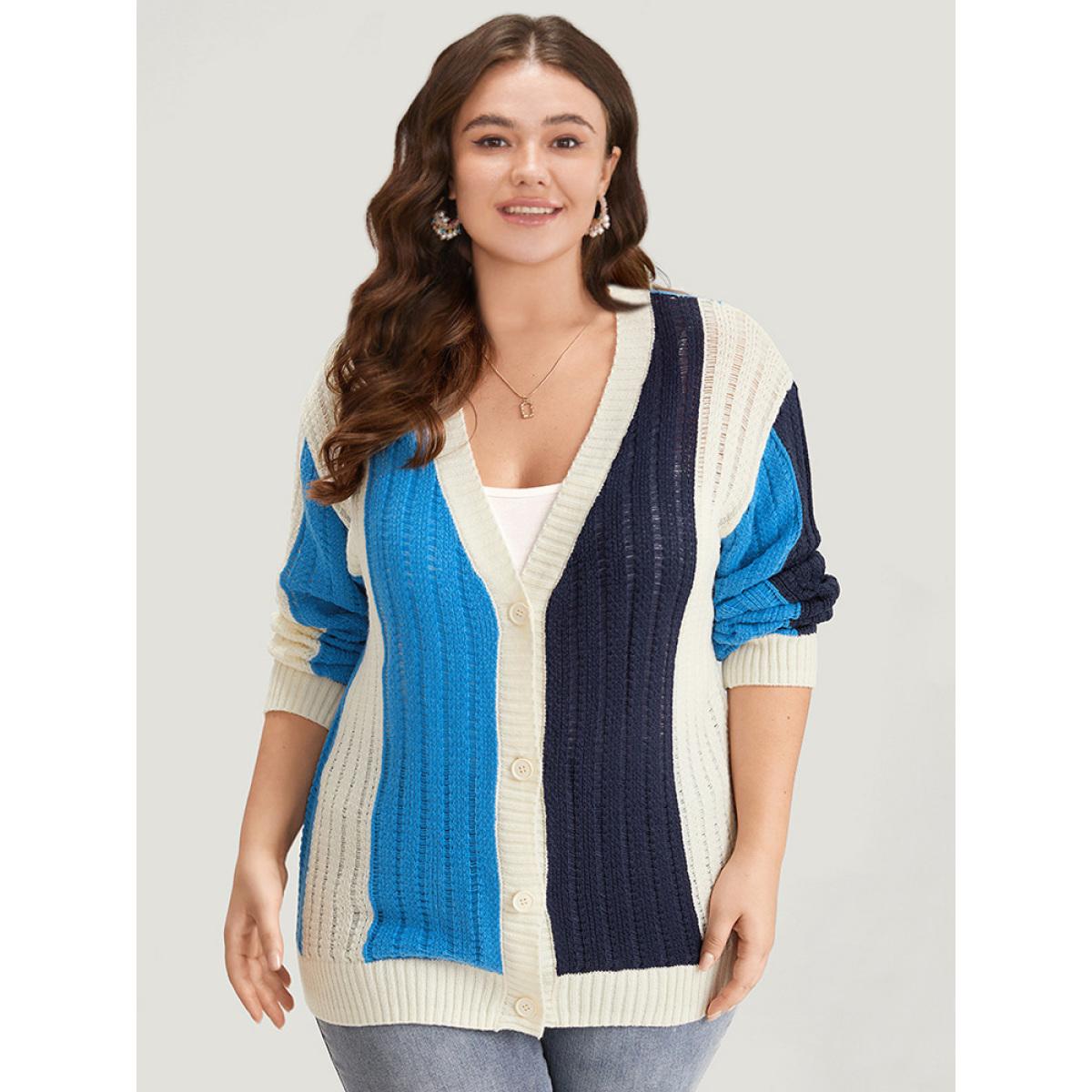 Plus Size Colorblock Contrast Button Down Drop Shoulder Cardigan Blue Women Casual Loose Long Sleeve Everyday Cardigans BloomChic 22-24/3X Product Image