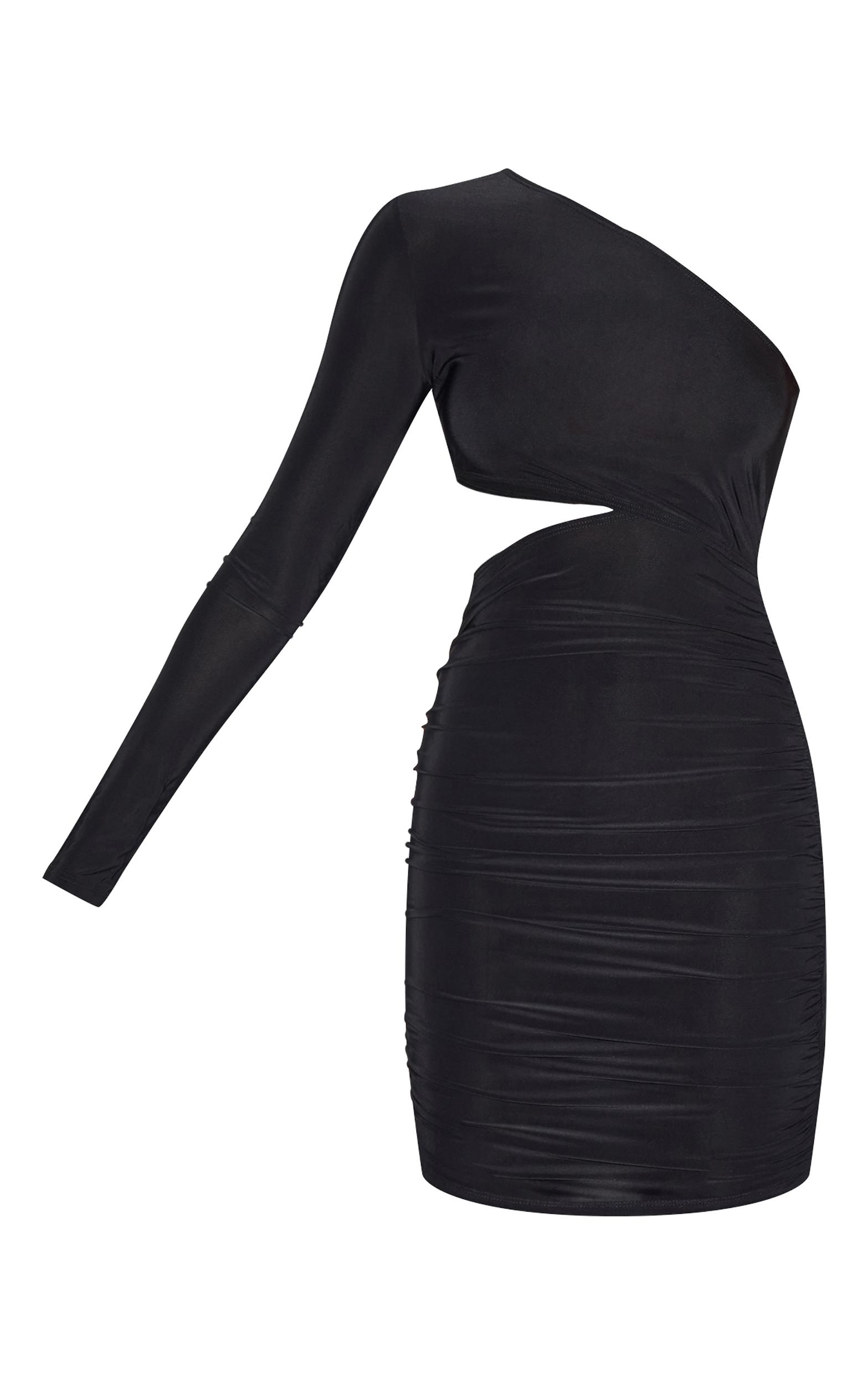 Black Slinky One Shoulder Waist Cut Out Ruched Bodycon Product Image
