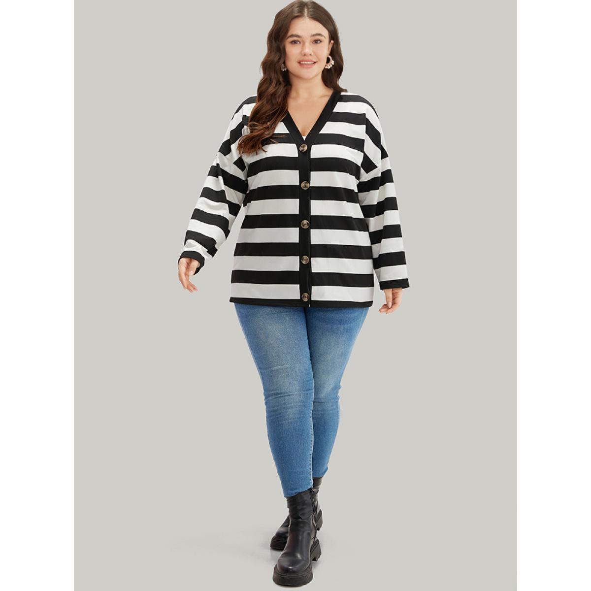 Plus Size Halloween Striped Button Through Jacket Women Black Casual Contrast Ladies Dailywear Winter Coats BloomChic 18-20/2X Product Image
