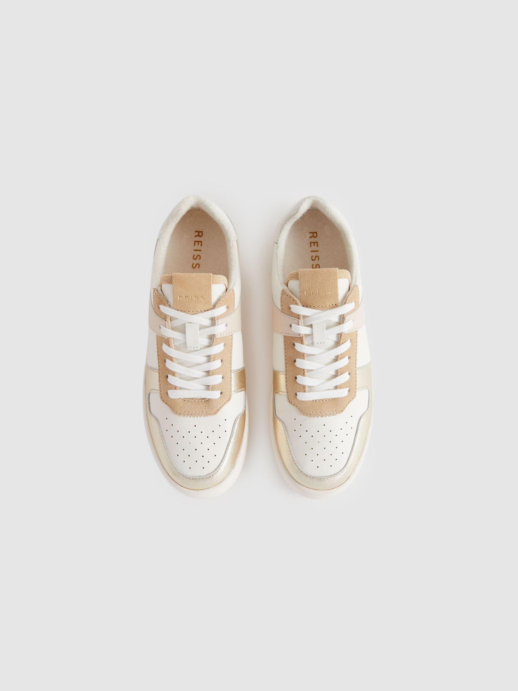 Mid Top Leather Trainers in White/Gold Product Image
