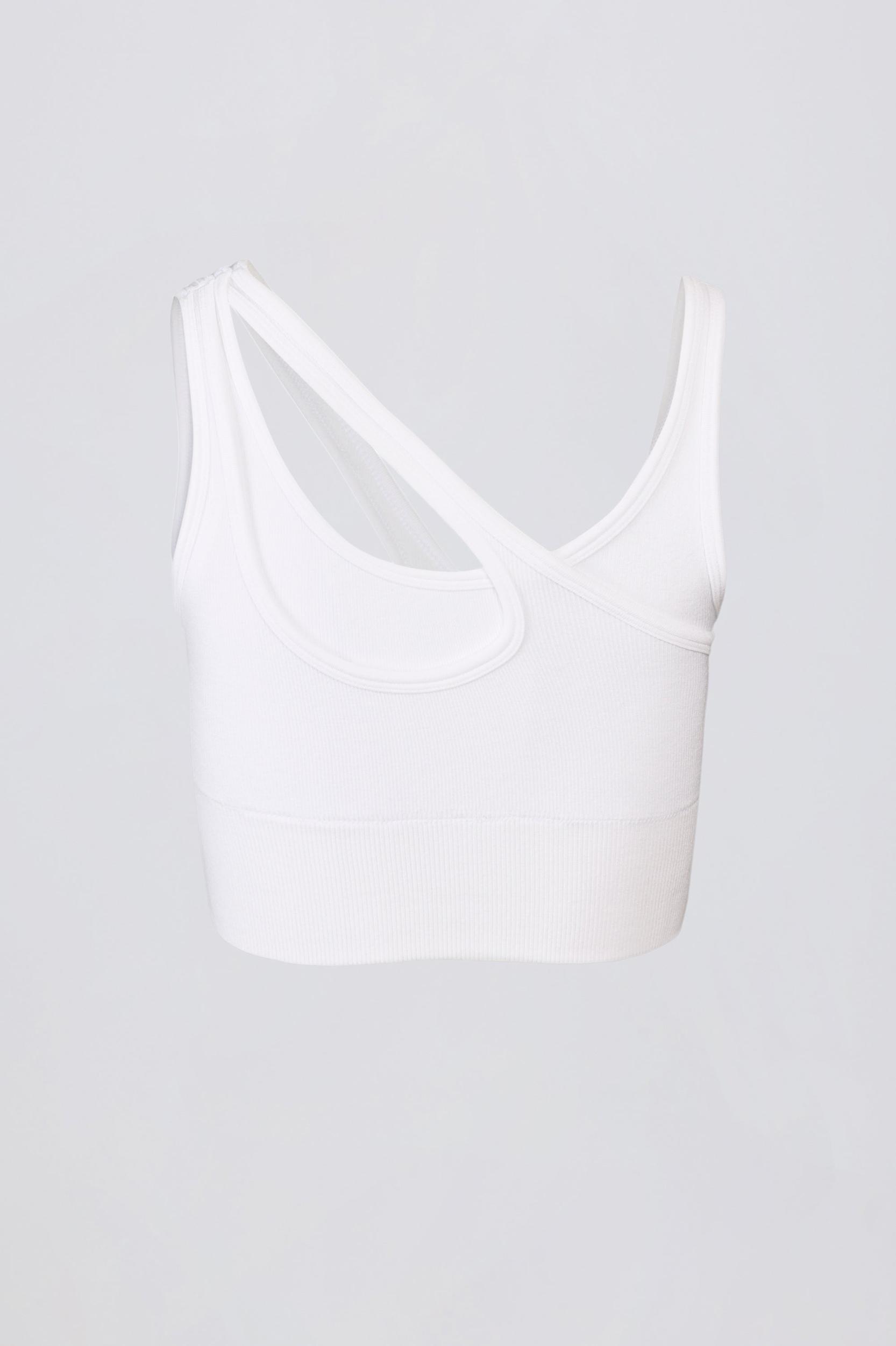 Seamless Soft Rib Asymmetric Sports Bra in White Product Image