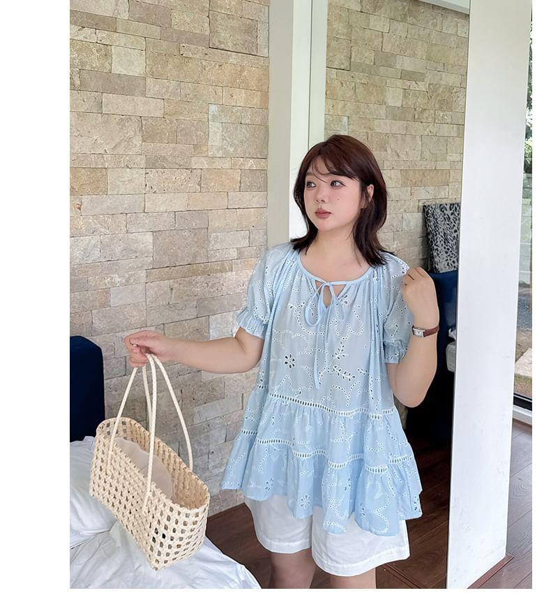 Plus Size Puff-Sleeve Notch Neck Embroidered Perforated Tie Front Blouse Product Image