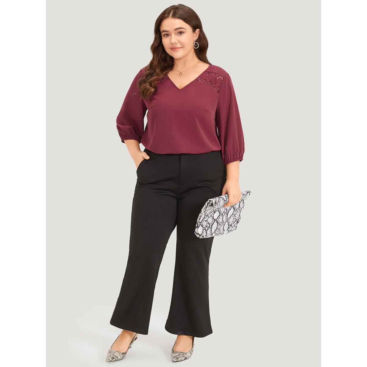 Plus Size Burgundy Solid Contrast Lace Lantern Sleeve Blouse Women Office Elbow-length sleeve V-neck Work Blouses BloomChic 26/4X Product Image