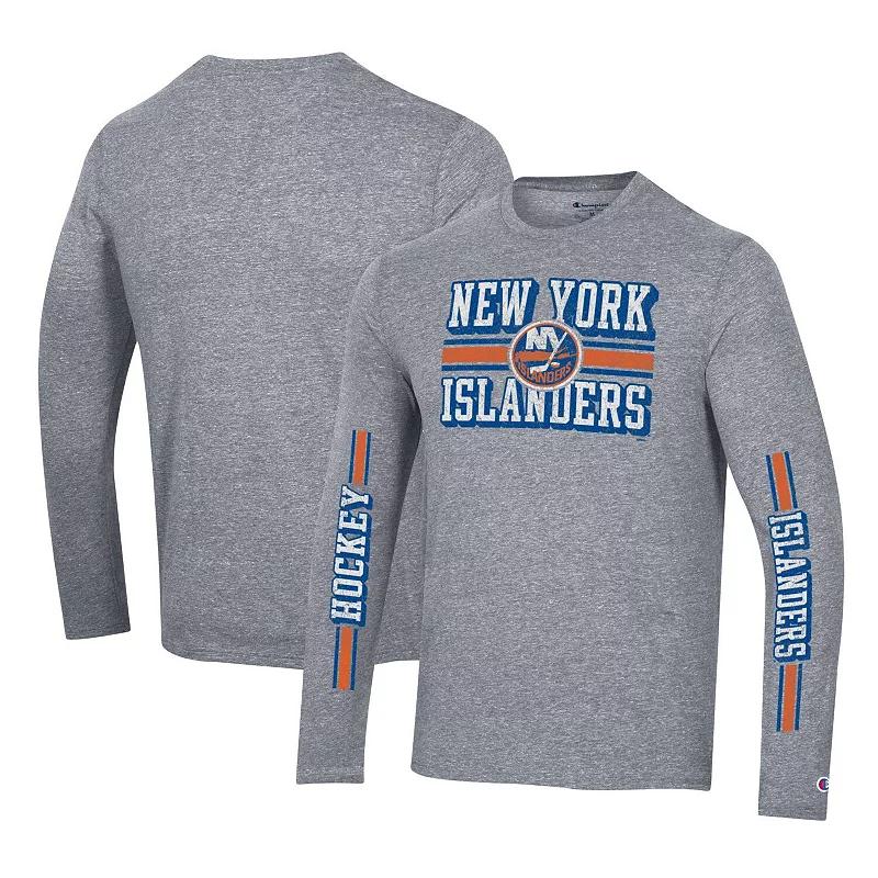 Men's Champion Heather Gray New York Islanders Tri-Blend Dual-Stripe Long Sleeve T-Shirt,  Product Image