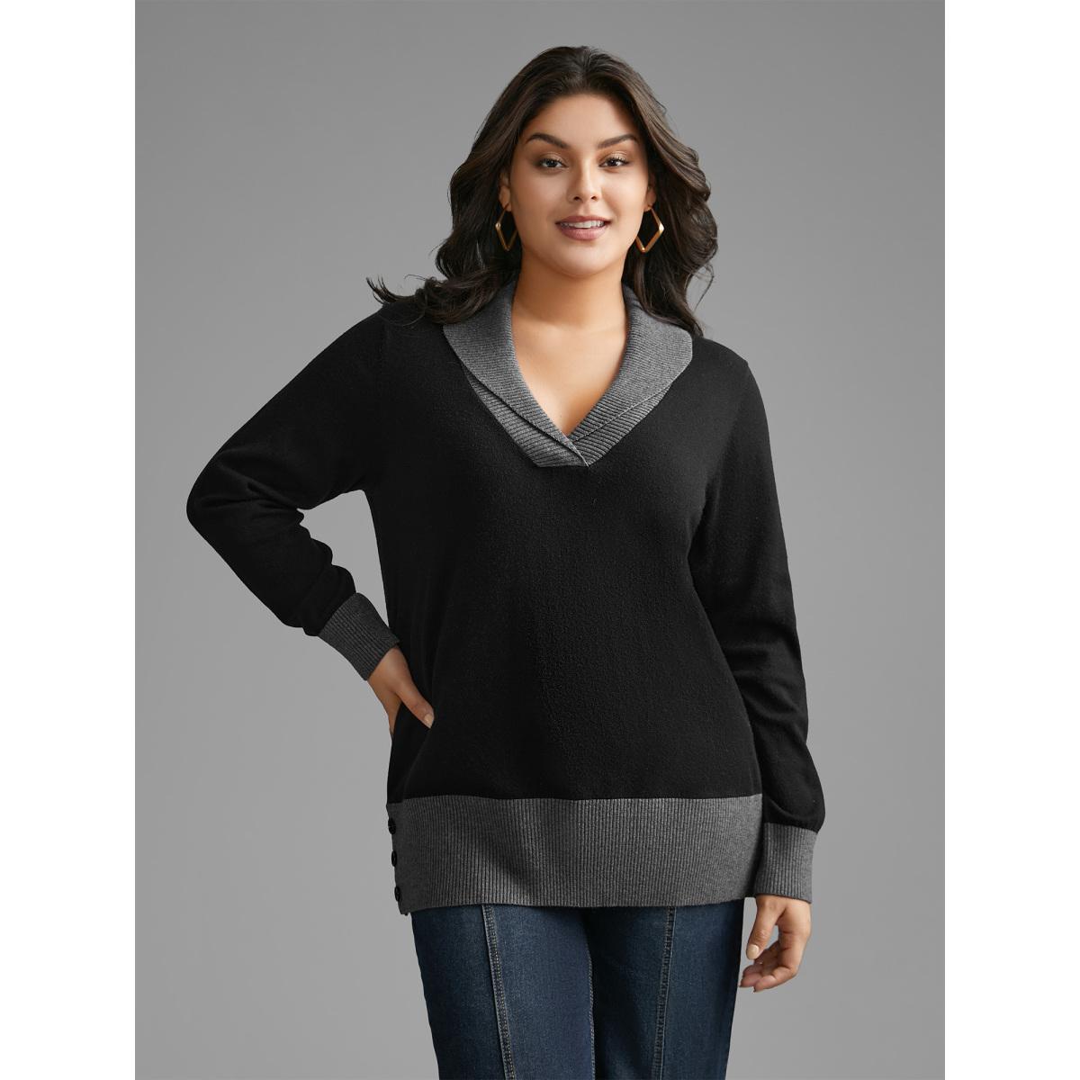 Plus Size Contrast Overlap Collar Button Detail Pullover Black Women Casual Loose Long Sleeve Overlap Collar Everyday Pullovers BloomChic 12/L Product Image