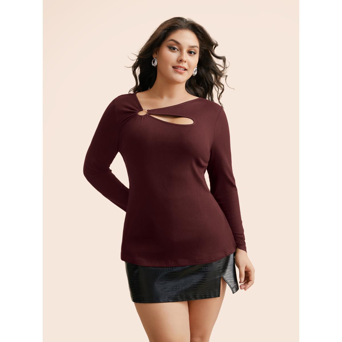 Plus Size Rib Knit Asymmetrical Neck Cut Out T-shirt Burgundy Women Elegant Texture Asymmetrical Neck Skinny Everyday T-shirts BloomChic 30/6X Product Image
