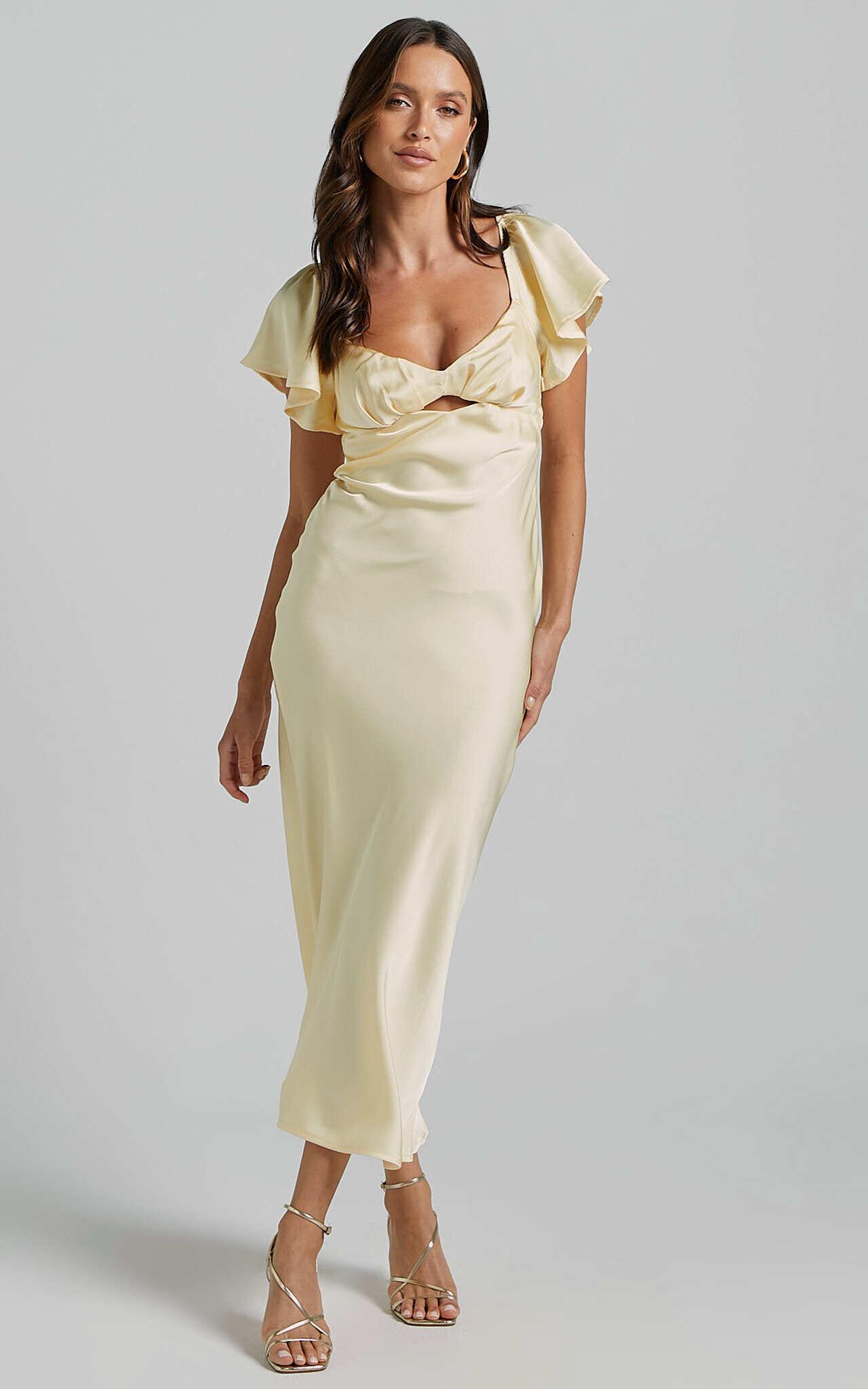 Emberlynn Midi Dress - Flutter Sleeve Cut Out Satin Dress in Butter Yellow Product Image
