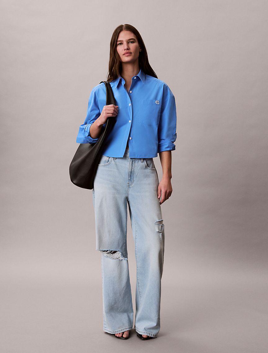 Cotton Poplin Cropped Boxy Button-Down Shirt Product Image