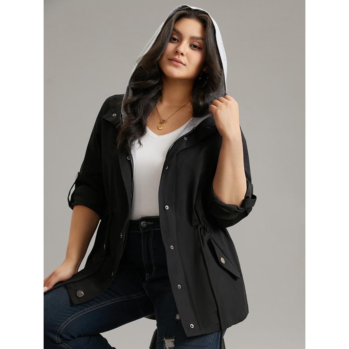 Plus Size Contrast Hooded Drawstring Zipper Button Up Jacket Women Black Contrast Pocket Dailywear Jackets BloomChic 28/5X Product Image