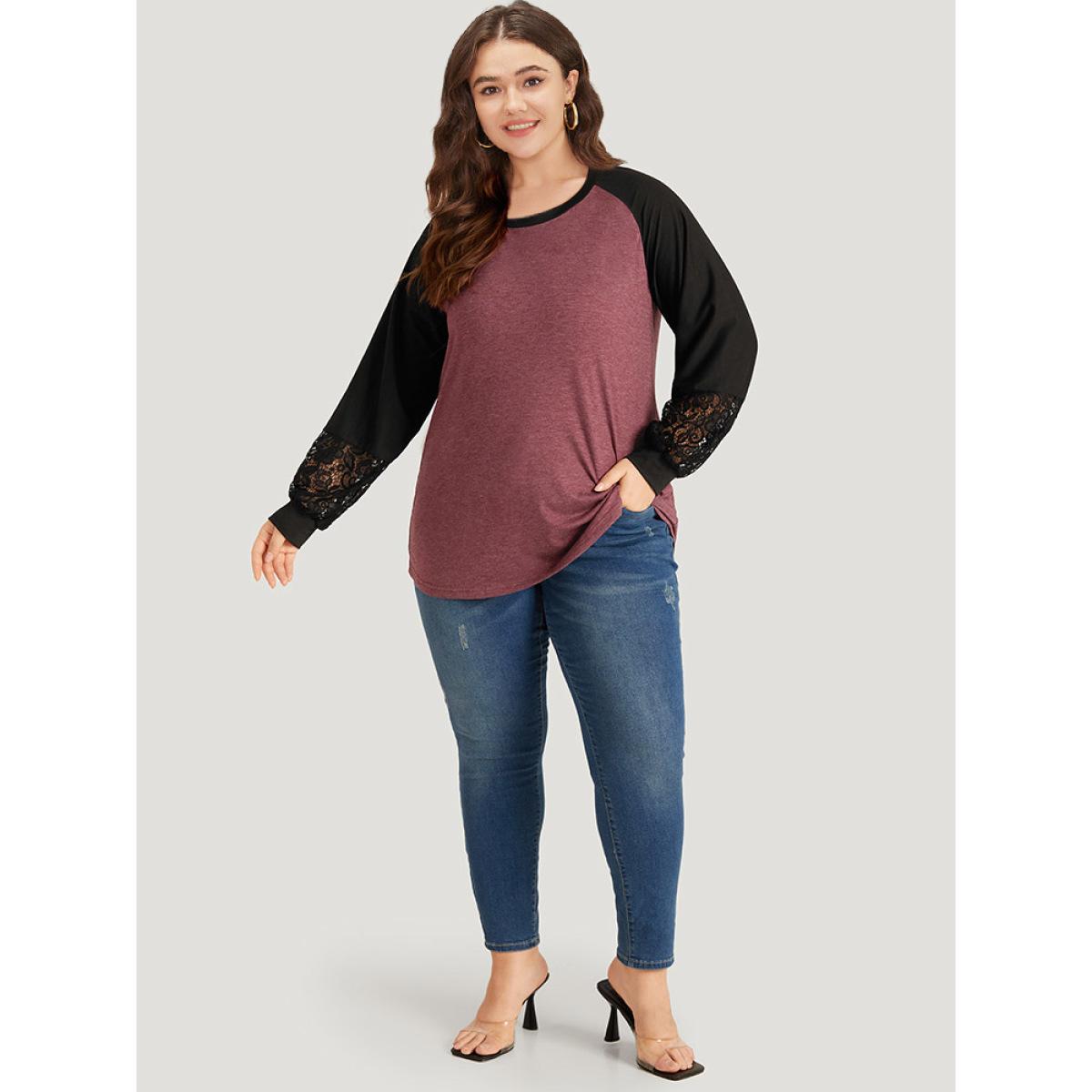 Plus Size Round Neck Lace Patchwork Raglan Sleeve T-shirt Russet Women Elegant Elastic cuffs Plain Round Neck Dailywear T-shirts BloomChic 28/5X Product Image