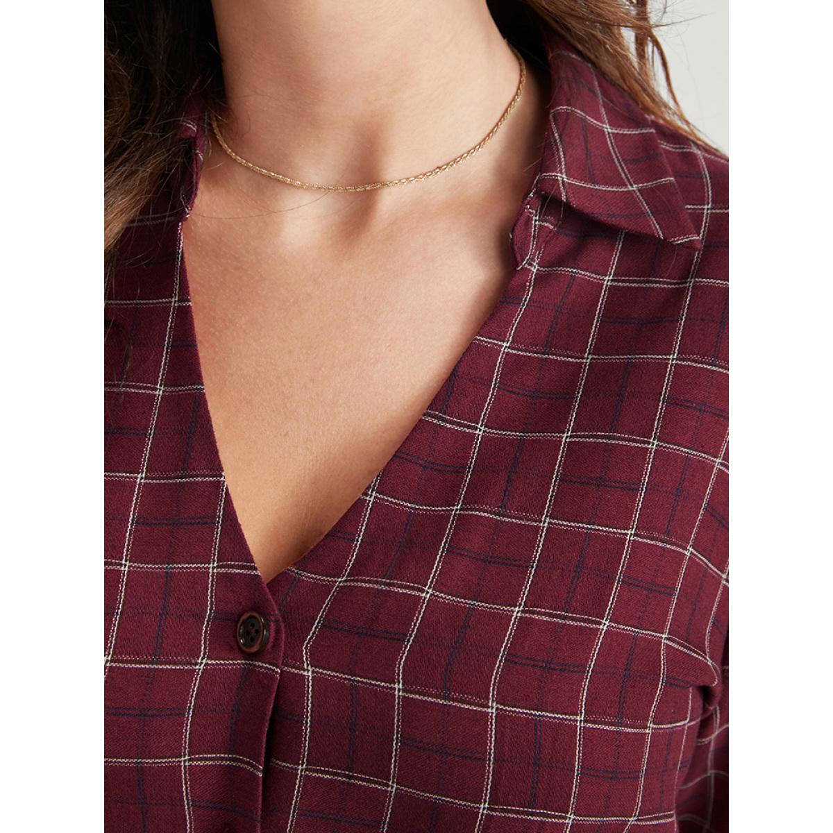 Plus Size Gingham Pocket Button Up Bell Sleeve V Neck Dress Without Belt Russet Women Office Button V-neck Long Sleeve Curvy Midi Dress BloomChic 30/6X Product Image