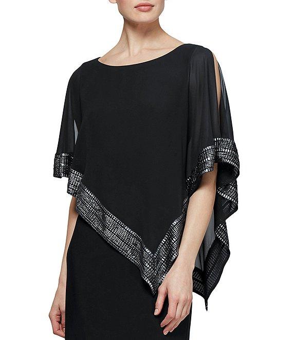 Ignite Evenings Boat Neck 3/4 Sleeve Cold Shoulder Foil Trim Asymmetrical Overlay Dress Product Image