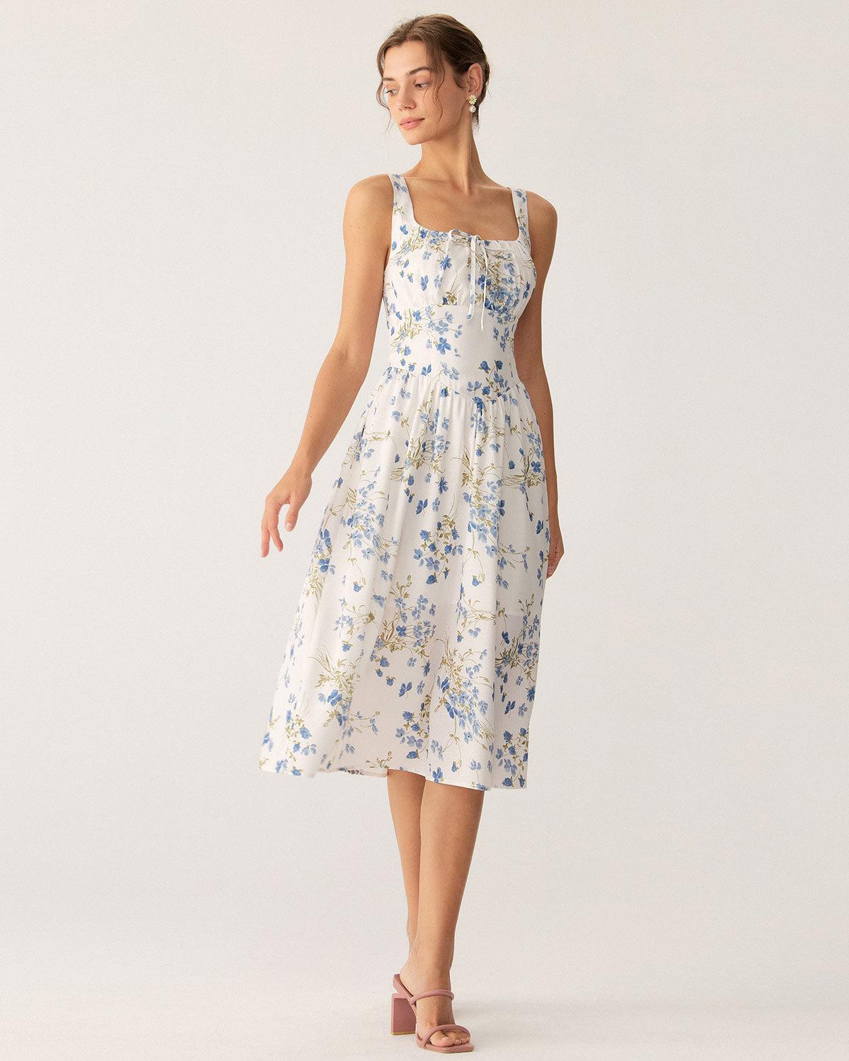Blue Floral U Neck A-Line Midi Dress Product Image