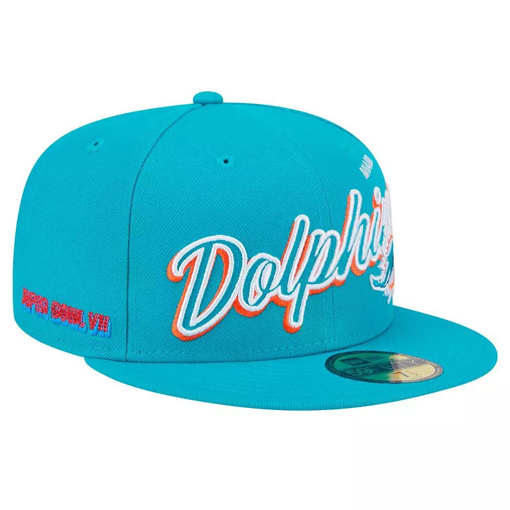 Men's New Era Aqua Miami Dolphins Script Sided 59FIFTY Fitted Hat,  Product Image