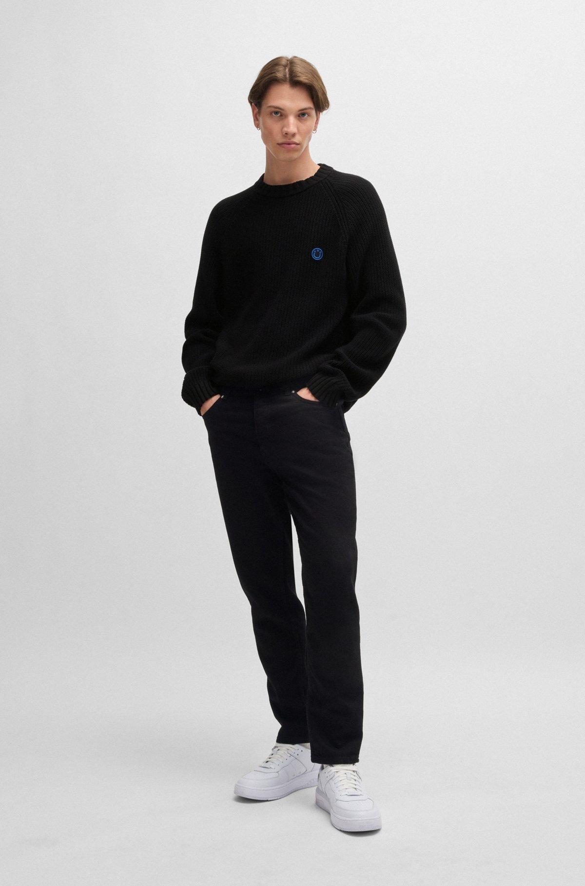 HUGO - Ribbed-cotton sweater with logo badge - Black Product Image