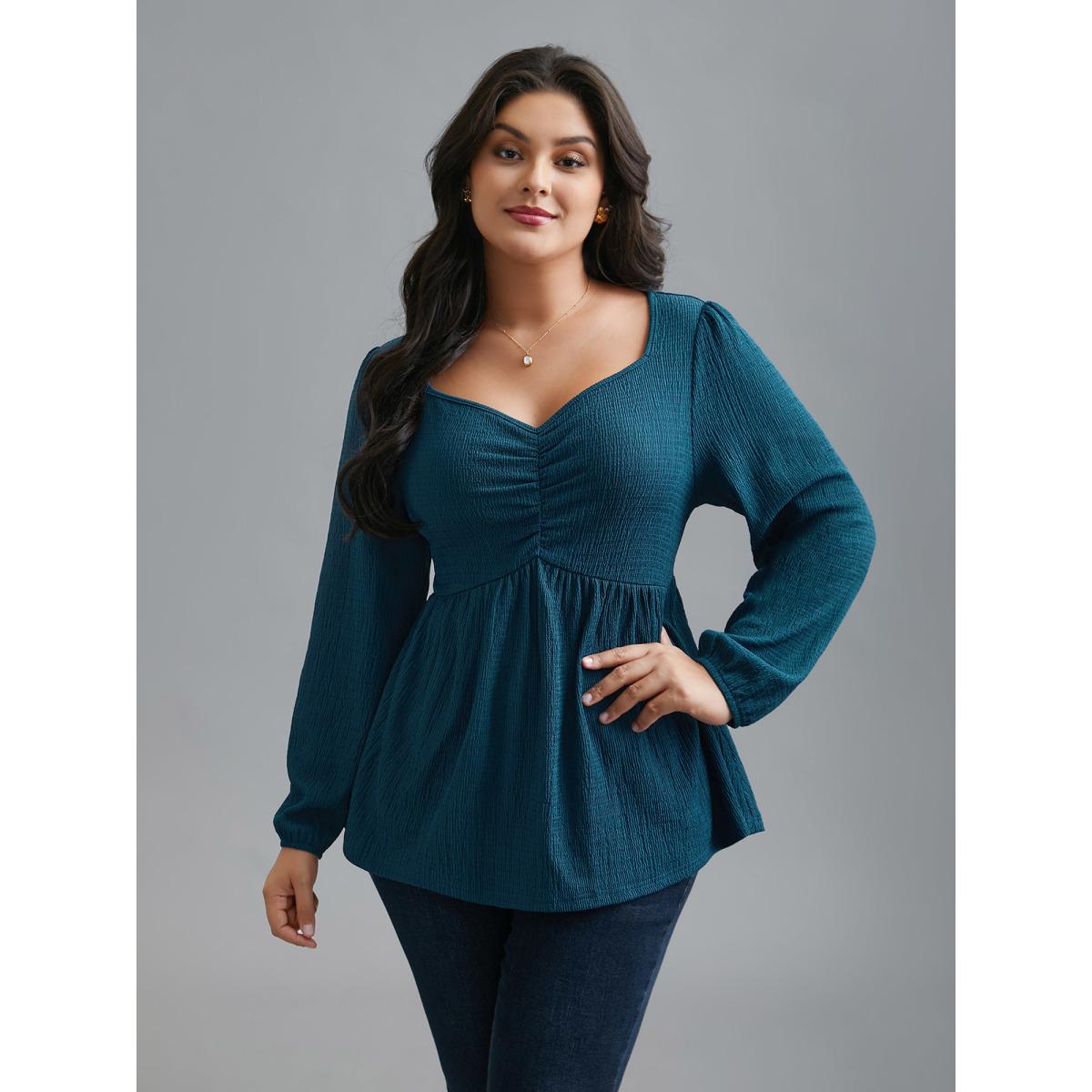 Plus Size Aegean Heart Neckline Solid Gathered Blouse Women Elegant Long Sleeve Heart neckline Everyday Blouses BloomChic 30/6X Product Image