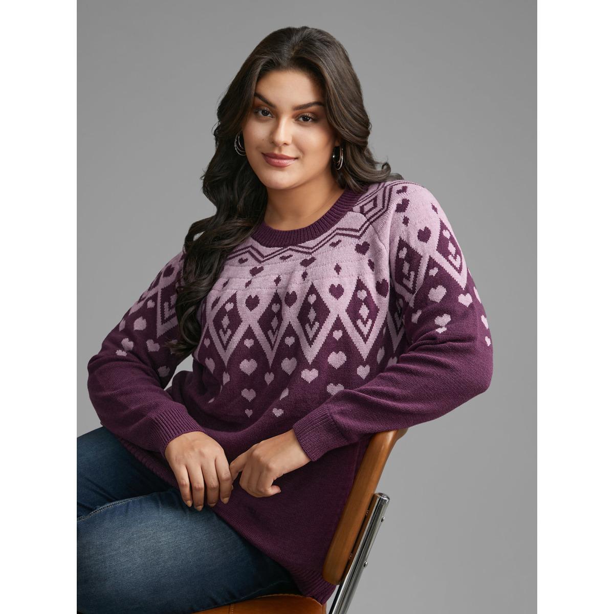 Plus Size Heart Round Neck Raglan Sleeve Pullover Lilac Women Casual Loose Long Sleeve Round Neck Everyday Pullovers BloomChic 28/5X Product Image