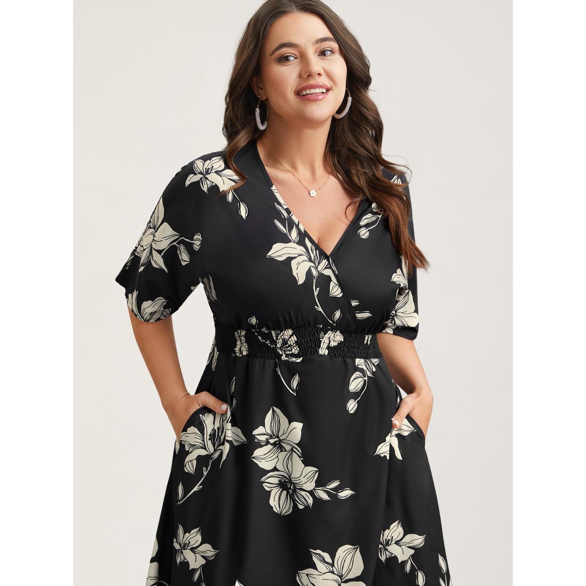 Plus Size Silhouette Floral Print Shirred Waist Midi Dress BlackFlower Women Elegant Shirred Overlap Collar Short sleeve Curvy BloomChic 12/L Product Image