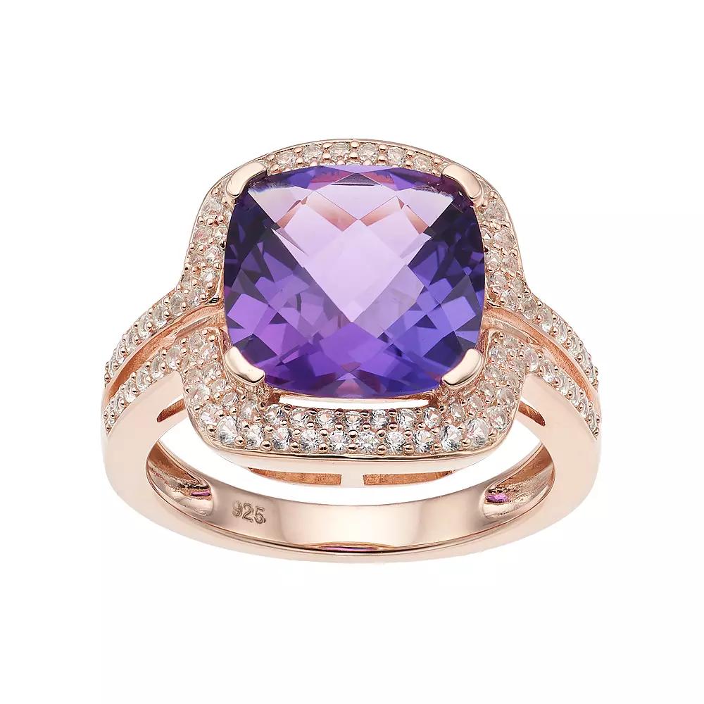 14k Rose Gold Over Silver Amethyst & Lab-Created White Sapphire Square Halo Ring, Women's, Size: 6, Pink Tone Product Image