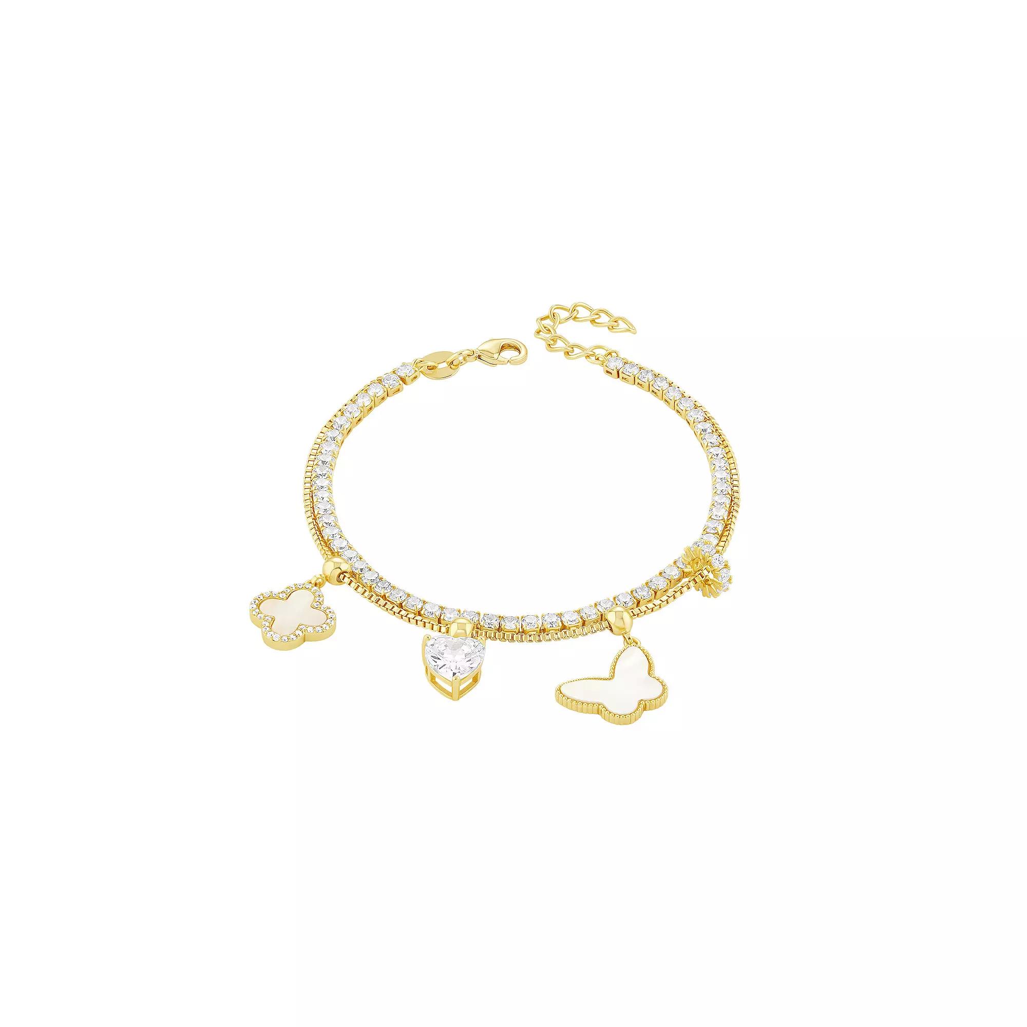 Brilliance 18k Gold Flash Plated Mother-of-Pearl Cubic Zirconia Butterfly, Heart & Clover Charm Double Row Bracelet, Women's, Size: 8.5", Gold Tone Product Image
