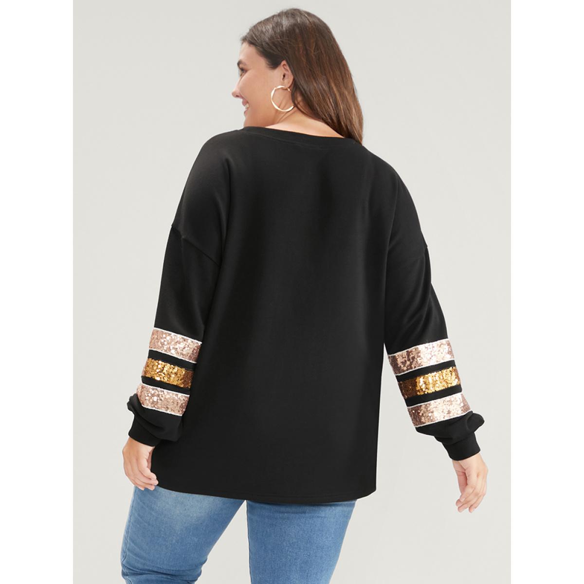 Plus Size Solid Contrast Patchwork Drop Shoulder Sweatshirt Women Black Casual Patchwork Round Neck Dailywear Sweatshirts BloomChic 10/M Product Image