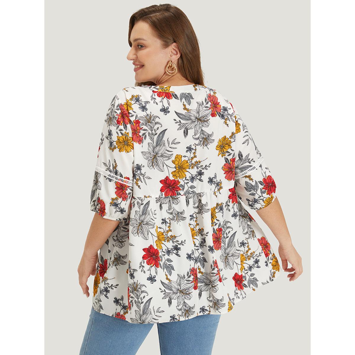 Plus Size White Floral Lantern Sleeve Lace Gathered Notched Blouse Women Elegant Elbow-length sleeve Notched collar Dailywear Blouses BloomChic 28/5X Product Image