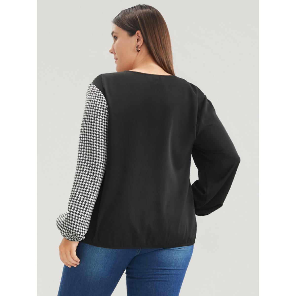 Plus Size Black Houndstooth Patchwork Lantern Sleeve Blouse Women Office Long Sleeve V-neck Work Blouses BloomChic 22-24/3X Product Image