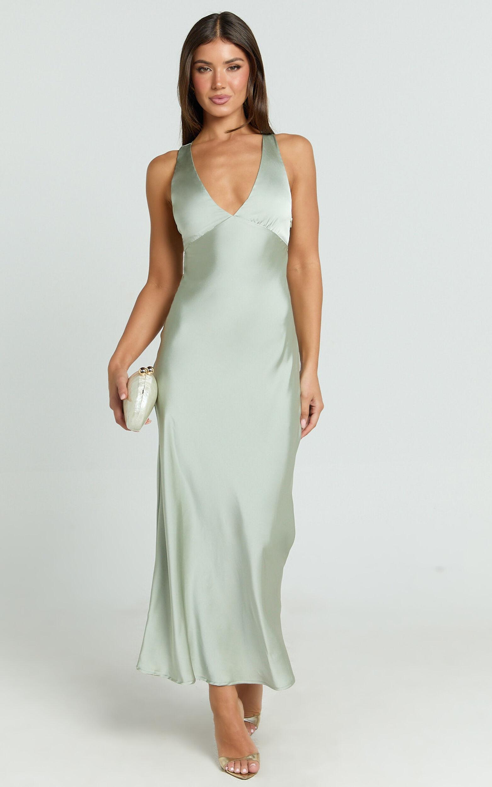 Khalani Midi Dress - Deep V Neck Satin Slip Dress in Sage Product Image