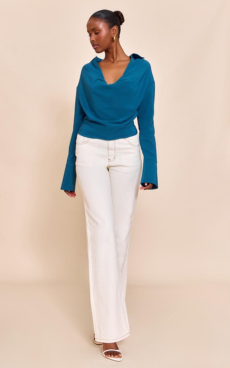 Teal Chiffon Cowl Neck Blouse Product Image